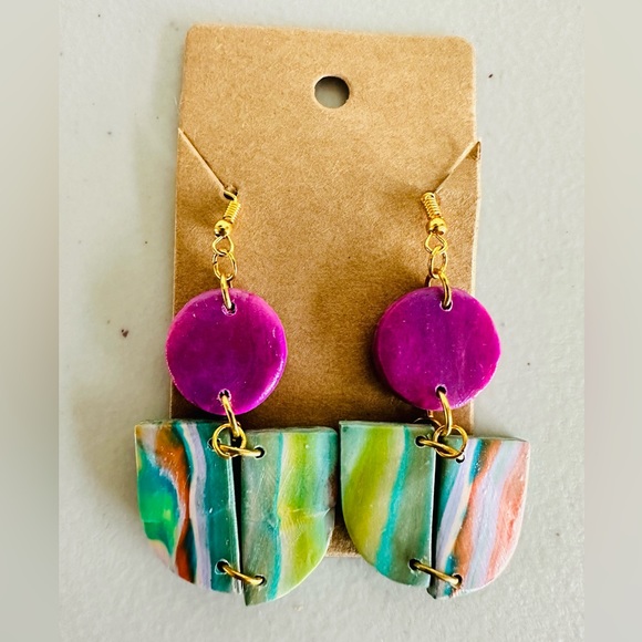 Handmade Polymer Dangle Earrings Colorful Jewelry Pink Turquoise - Picture 1 of 3